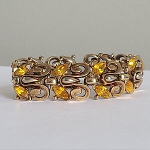 Vintage Crown Trifari Gold Tone Yellow Amber Rhinestone Crystal Link Bracelet
